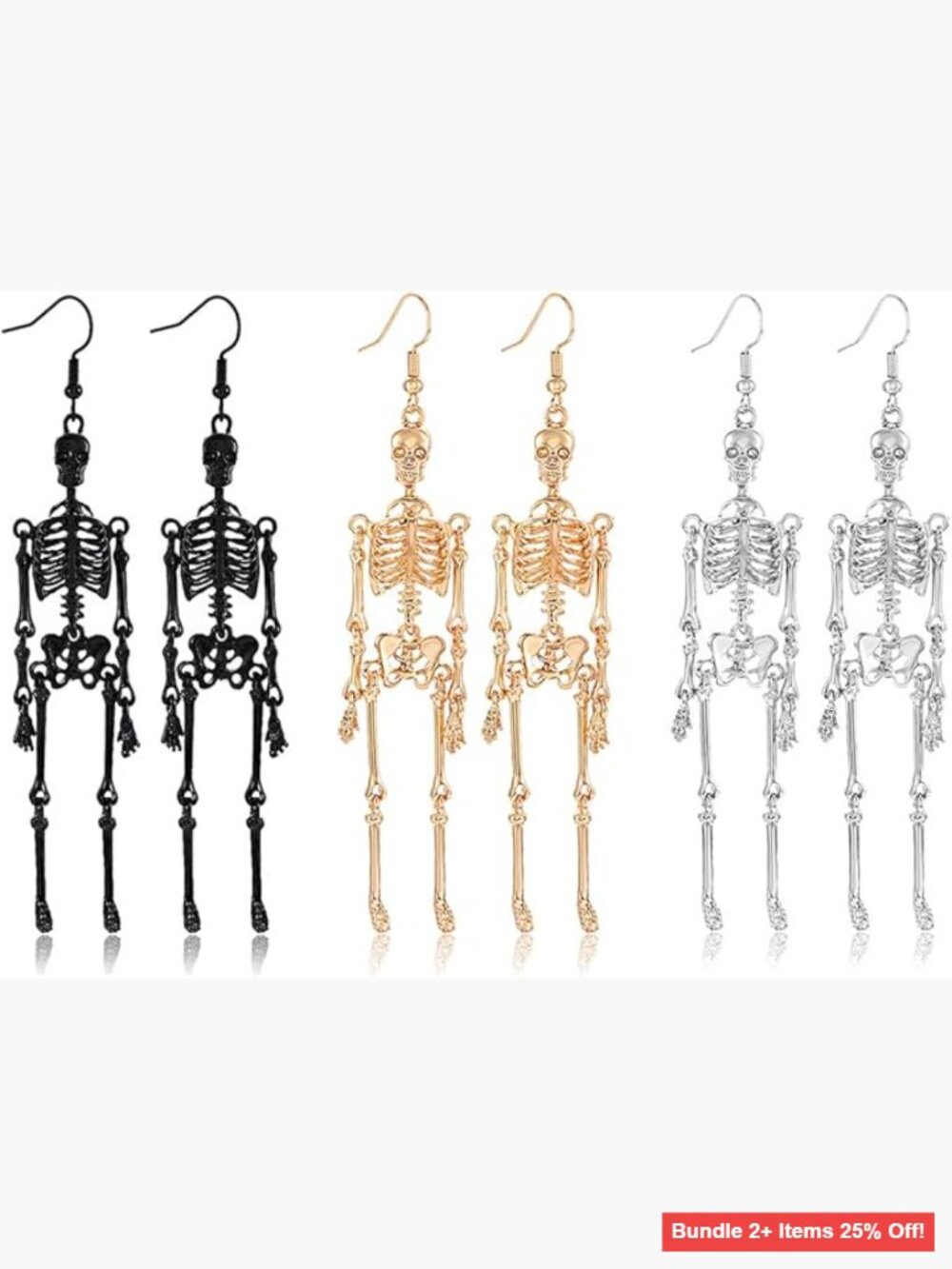 3 Pairs Skeleton Drop Earrings, Metal, Hypoallergenic, 2.6 Inch